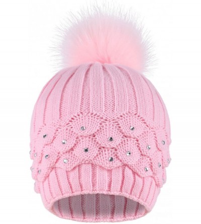 Skullies & Beanies Women's Faux Fur Pompom Winter Cable Knit Beanie with Sequins - Pink - CS1882AHS8Y $13.71