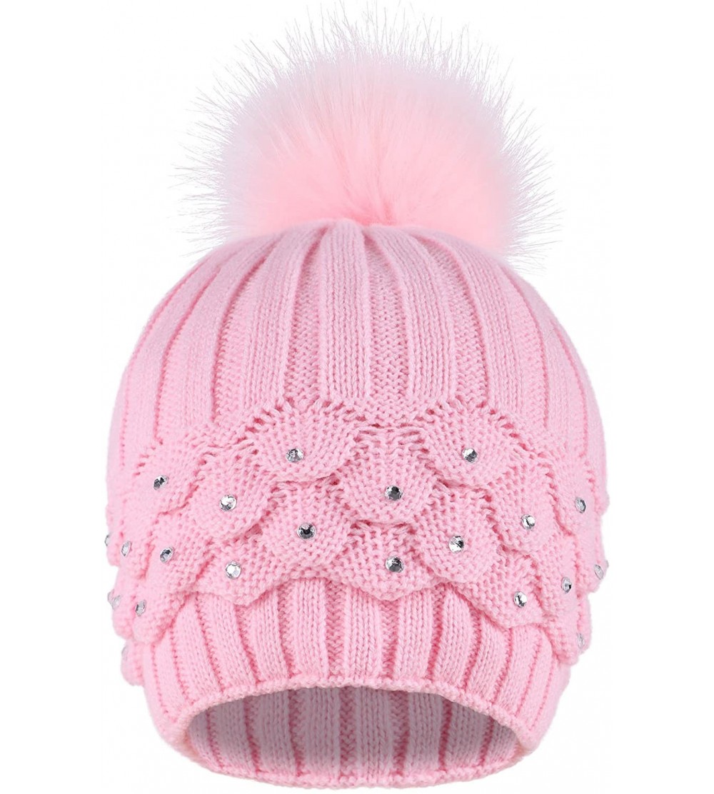 Skullies & Beanies Women's Faux Fur Pompom Winter Cable Knit Beanie with Sequins - Pink - CS1882AHS8Y $13.71