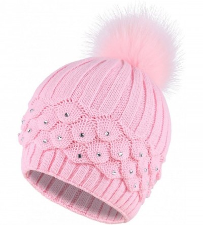 Skullies & Beanies Women's Faux Fur Pompom Winter Cable Knit Beanie with Sequins - Pink - CS1882AHS8Y $13.71