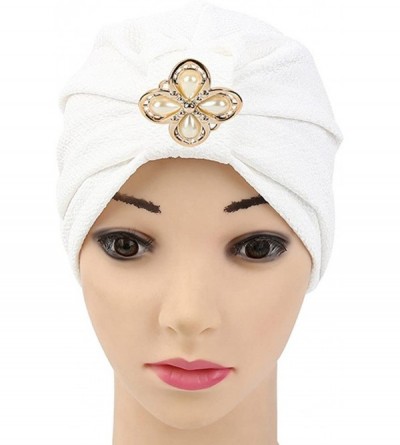 Skullies & Beanies Women Solid Rhinestone Pre Tied Cancer Chemo Hat Beanie Turban Stretch Head Wrap Cap - White - C9185W38ZY2...