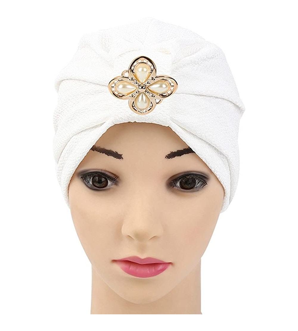 Skullies & Beanies Women Solid Rhinestone Pre Tied Cancer Chemo Hat Beanie Turban Stretch Head Wrap Cap - White - C9185W38ZY2...