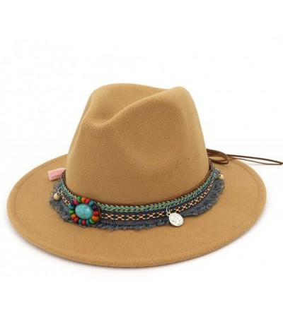 Fedoras Men Women Vintage Felt Fedora Hat Wide Brim Panama Hats with Buckle - Camel - CS18SQ7GYI6 $28.18