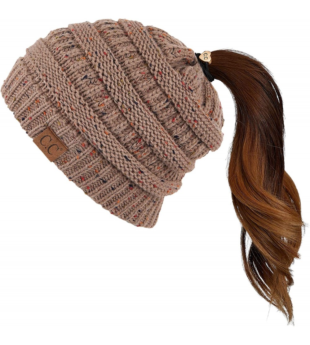 Skullies & Beanies Ribbed Confetti Knit Beanie Tail Hat for Adult Bundle Hair Tie (MB-33) - Taupe - CU189CKG68Z $13.53