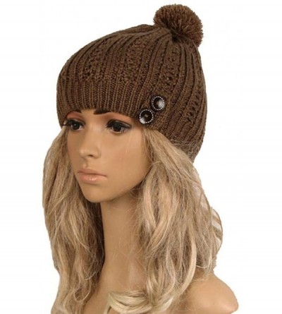 Skullies & Beanies Womens Hat Winter- Women Winter Pom Pom Buttons Hand Knit Slouchy Beanie Hat Skully Cap - Khaki - C8188ZUT...