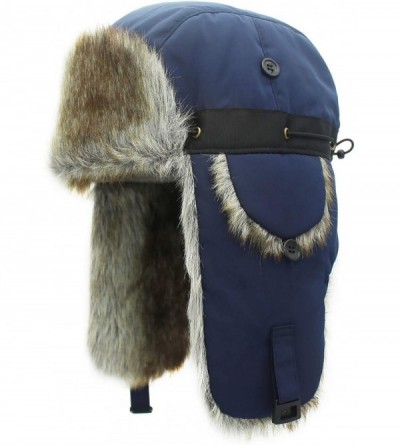 Bomber Hats Oudoor Unisex Faux Fur Lined Trapper Hat Warm Windproof Winter Russian Hats - Navy+brown Fur - CD18AO0G4UT $31.22
