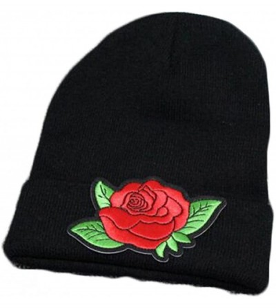 Skullies & Beanies Embroidered Rose Knit Hat Winter Ski Skullcap Top Hat Black Elastic Beanie for Men & Women - 1 - C4186G6X9...