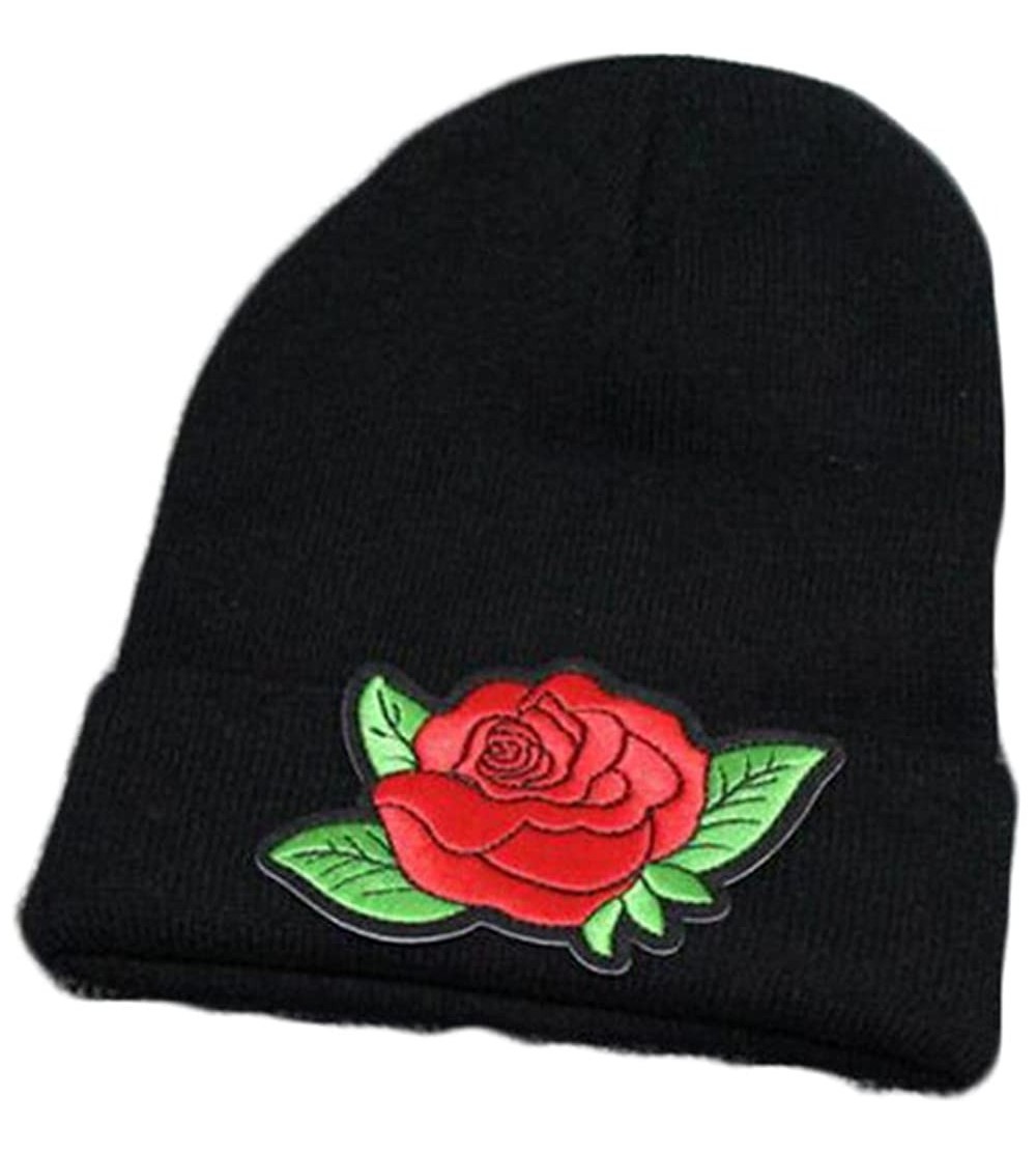 Skullies & Beanies Embroidered Rose Knit Hat Winter Ski Skullcap Top Hat Black Elastic Beanie for Men & Women - 1 - C4186G6X9...