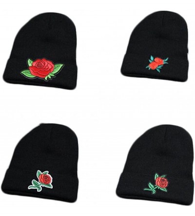 Skullies & Beanies Embroidered Rose Knit Hat Winter Ski Skullcap Top Hat Black Elastic Beanie for Men & Women - 1 - C4186G6X9...