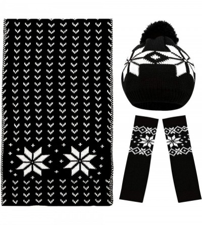 Skullies & Beanies Women Lady Winter Warm Knitted Snowflake Hat Gloves and Scarf Winter Set - Black - CI11PPOMLX7 $26.63