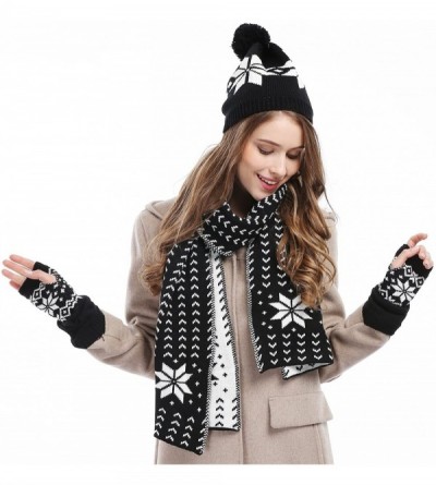 Skullies & Beanies Women Lady Winter Warm Knitted Snowflake Hat Gloves and Scarf Winter Set - Black - CI11PPOMLX7 $26.63