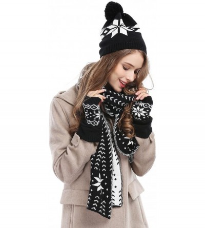 Skullies & Beanies Women Lady Winter Warm Knitted Snowflake Hat Gloves and Scarf Winter Set - Black - CI11PPOMLX7 $26.63