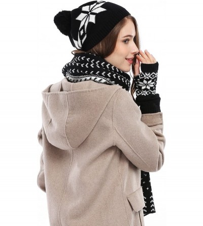 Skullies & Beanies Women Lady Winter Warm Knitted Snowflake Hat Gloves and Scarf Winter Set - Black - CI11PPOMLX7 $26.63