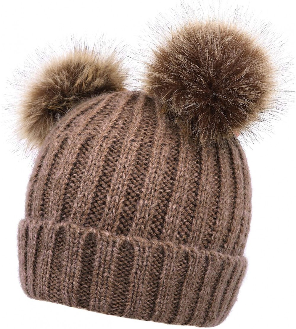 Skullies & Beanies Women's Winter Ski Knit Warm Fleece Beanie Hat w/Double Fur Pom - Khaki Hat Coffee Ball Beige Lining - CH1...