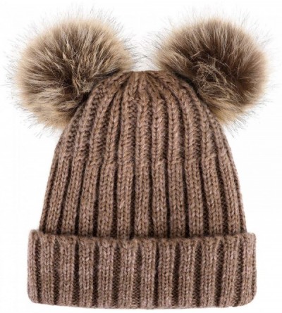 Skullies & Beanies Women's Winter Ski Knit Warm Fleece Beanie Hat w/Double Fur Pom - Khaki Hat Coffee Ball Beige Lining - CH1...