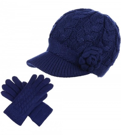 Newsboy Caps Women's Winter Fleece Lined Elegant Flower Cable Knit Newsboy Cabbie Hat - Navy Cable Flower-hat Gloves Set - C8...