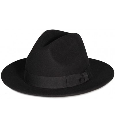 Fedoras Pmw91 Pamoa Wool Felt Wide Brim Fedora with Plaid Bow Trim - Black - CM11MUZEULZ $22.03