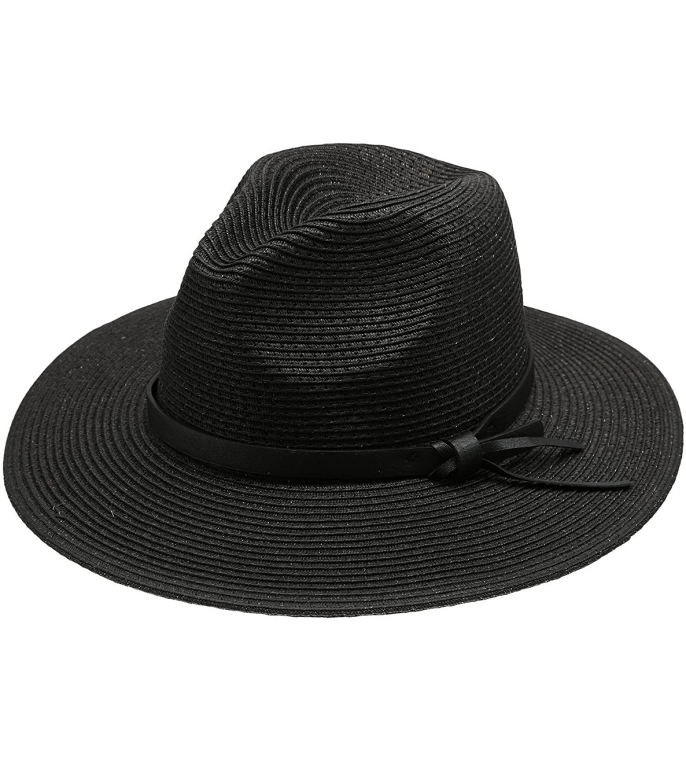 Sun Hats Women's Braid Straw Wide Brim Fedora Hat UPF 50+ w/Adjustable Drawstring - F2252 - Black - CG12E6G0LSL $11.74