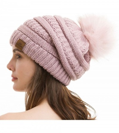 Skullies & Beanies Womens Fleece Lined Slouchy Beanie Chunky Baggy Hat Fur Pompom Winter Soft Warm Cap - Light Purple - CE18L...