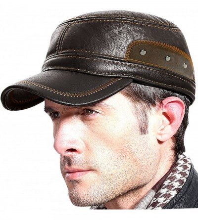 Newsboy Caps Winter Leather Cap with Earflap Military Cadet Army Flat Top Hat Outdoor - Coffee+brown 1 - CM1860MDY98 $40.86
