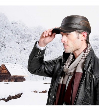 Newsboy Caps Winter Leather Cap with Earflap Military Cadet Army Flat Top Hat Outdoor - Coffee+brown 1 - CM1860MDY98 $23.49