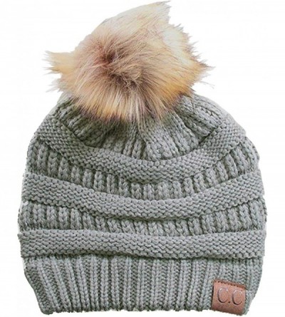 Skullies & Beanies Cable Knit Faux Fur Pom Pom Beanie Hat - Natural Grey - CX12M1RC0EP $11.48