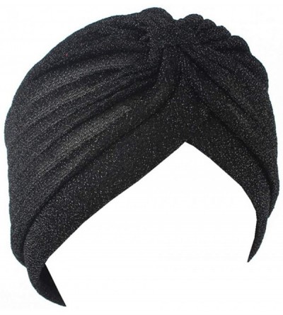 Skullies & Beanies Luxury Stretchable Glitter Flower Chemo Beanie Hair Loss Turban - Black01 - CE18KH0EKWE $9.28