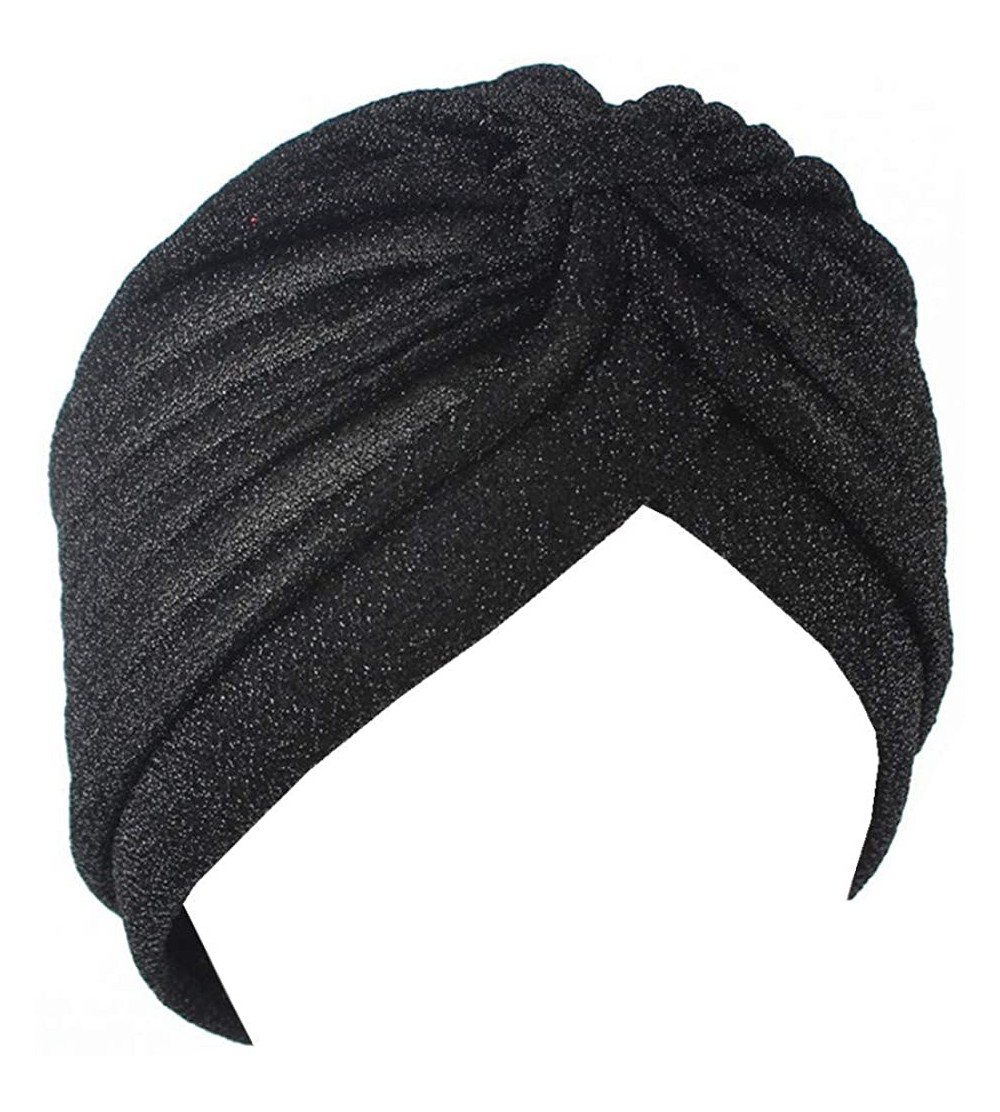 Skullies & Beanies Luxury Stretchable Glitter Flower Chemo Beanie Hair Loss Turban - Black01 - CE18KH0EKWE $9.28