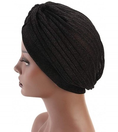 Skullies & Beanies Luxury Stretchable Glitter Flower Chemo Beanie Hair Loss Turban - Black01 - CE18KH0EKWE $9.28