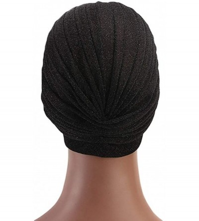 Skullies & Beanies Luxury Stretchable Glitter Flower Chemo Beanie Hair Loss Turban - Black01 - CE18KH0EKWE $9.28