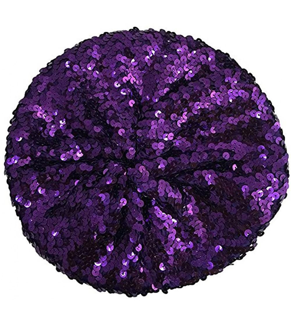 Berets Women Bling Sequins Beret Hat Sparkly Shining Beanie Cap for Dancing Party - Purple - CX194HKUDMS $13.37