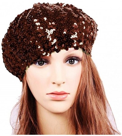 Berets Women Bling Sequins Beret Hat Sparkly Shining Beanie Cap for Dancing Party - Purple - CX194HKUDMS $13.37