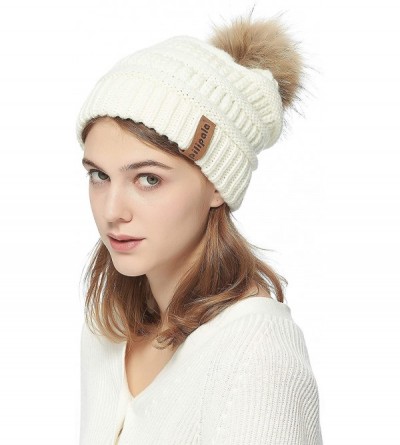 Skullies & Beanies Womens Winter Knit Beanie Hat Slouchy Warm Raccoon Fur Pom Pom Hat Caps for Women Ladies Girls - CL18ZXW8G...