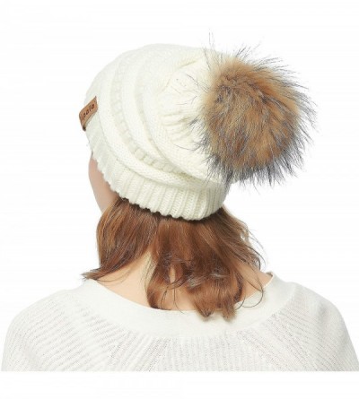 Skullies & Beanies Womens Winter Knit Beanie Hat Slouchy Warm Raccoon Fur Pom Pom Hat Caps for Women Ladies Girls - CL18ZXW8G...