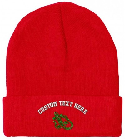 Skullies & Beanies Custom Beanie for Men & Women Green Lizard Reptile Embroidery Skull Cap Hat - Red - C918ZS408KD $15.40