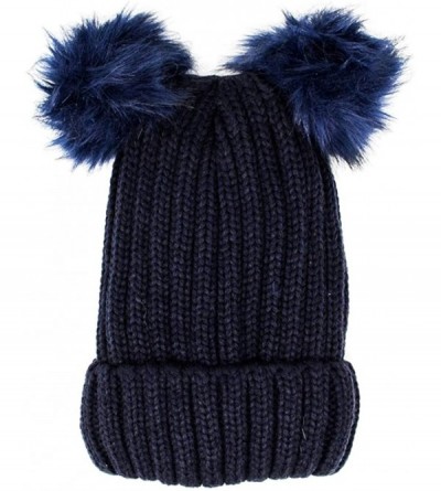 Skullies & Beanies Women's Winter Fleece Lined Chunky Cable Knitted Double Pom Pom Beanie Hat - Navy - CD18IQ09Z44 $10.57