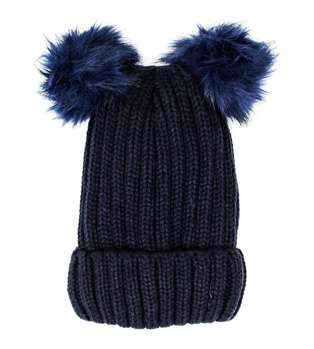 Skullies & Beanies Women's Winter Fleece Lined Chunky Cable Knitted Double Pom Pom Beanie Hat - Navy - CD18IQ09Z44 $10.57