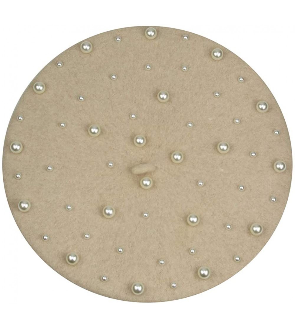 Berets Womens French Artist Solid 100% Wool Beret Hats with Full Pearl - Beige - CI18RY6WXQM $14.13
