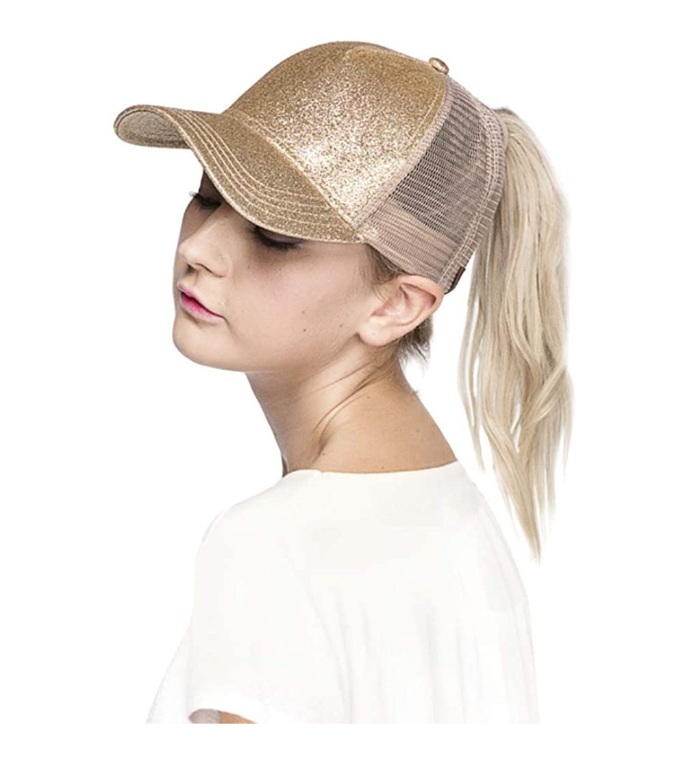 Baseball Caps Glitter Messy High Buns Trucker Ponycap Ponytail Baseball Adjustable Cap for Women Girl - Gold - CC18QQ0RN2Q $1...