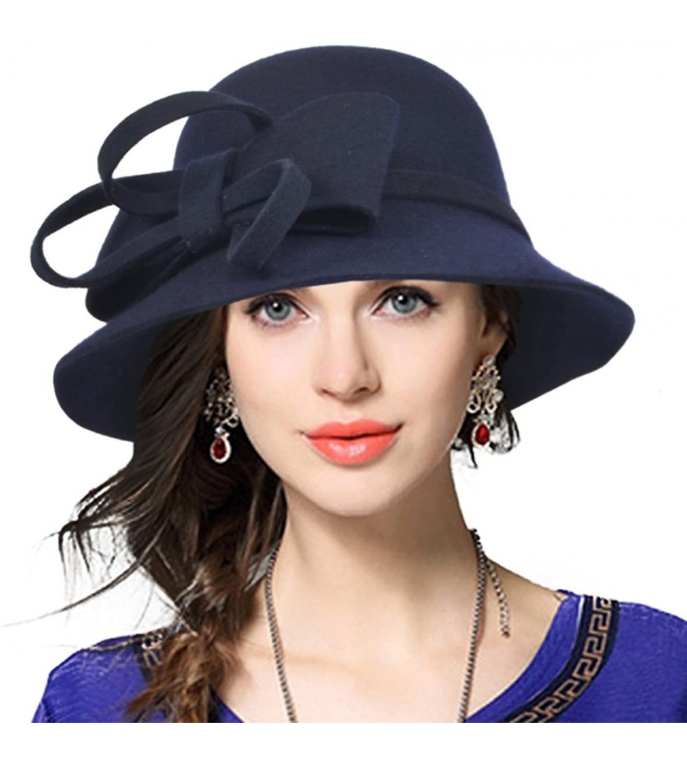 Fedoras Women's Fascinator Wool Felt Hat Cocktail Party Wedding Fedora Hats - Bow-navy - C3187QAAWYX $32.19