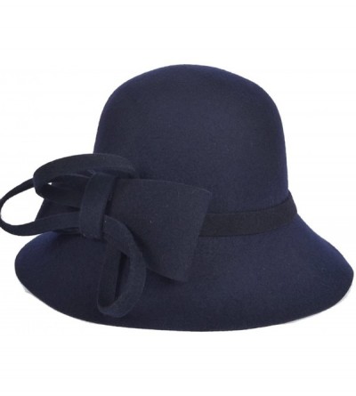 Fedoras Women's Fascinator Wool Felt Hat Cocktail Party Wedding Fedora Hats - Bow-navy - C3187QAAWYX $32.19