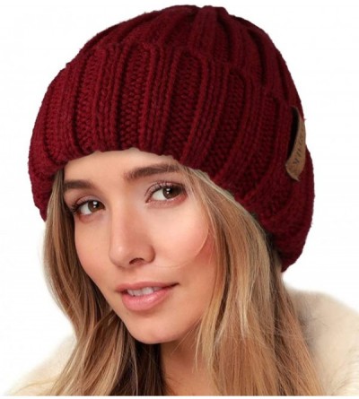 Skullies & Beanies Knit Beanie Hats for Women Men Double Layer Fleece Lined Chunky Winter Hat - Wine Red - CG18UYH43KL $15.93