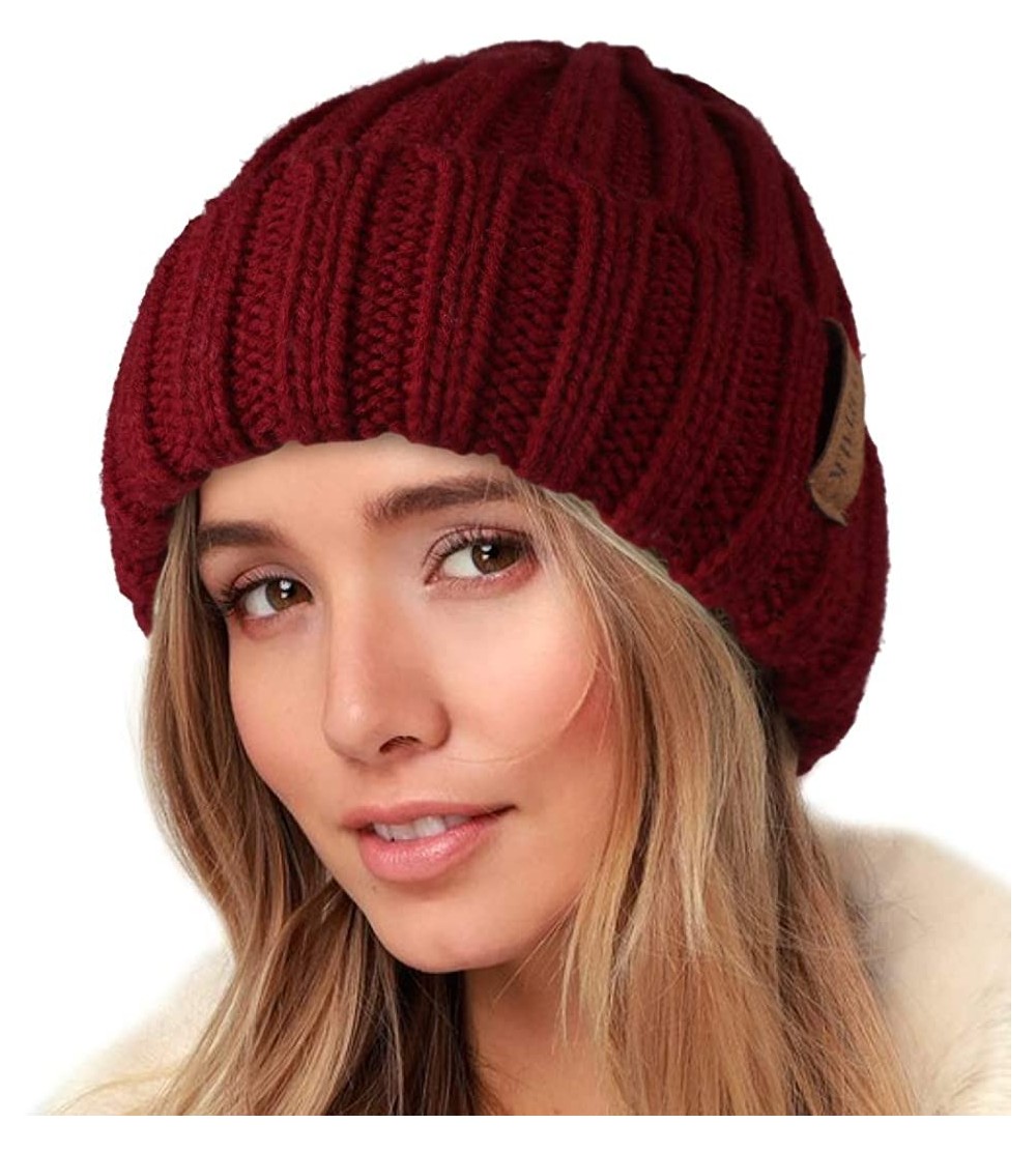 Skullies & Beanies Knit Beanie Hats for Women Men Double Layer Fleece Lined Chunky Winter Hat - Wine Red - CG18UYH43KL $15.93