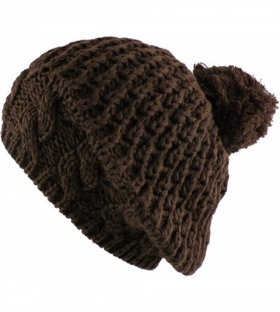 Skullies & Beanies Thick Crochet Knit Pom Pom Beret Winter Ski Hat - Dark Chocolate - C111QCV3QPJ $7.82