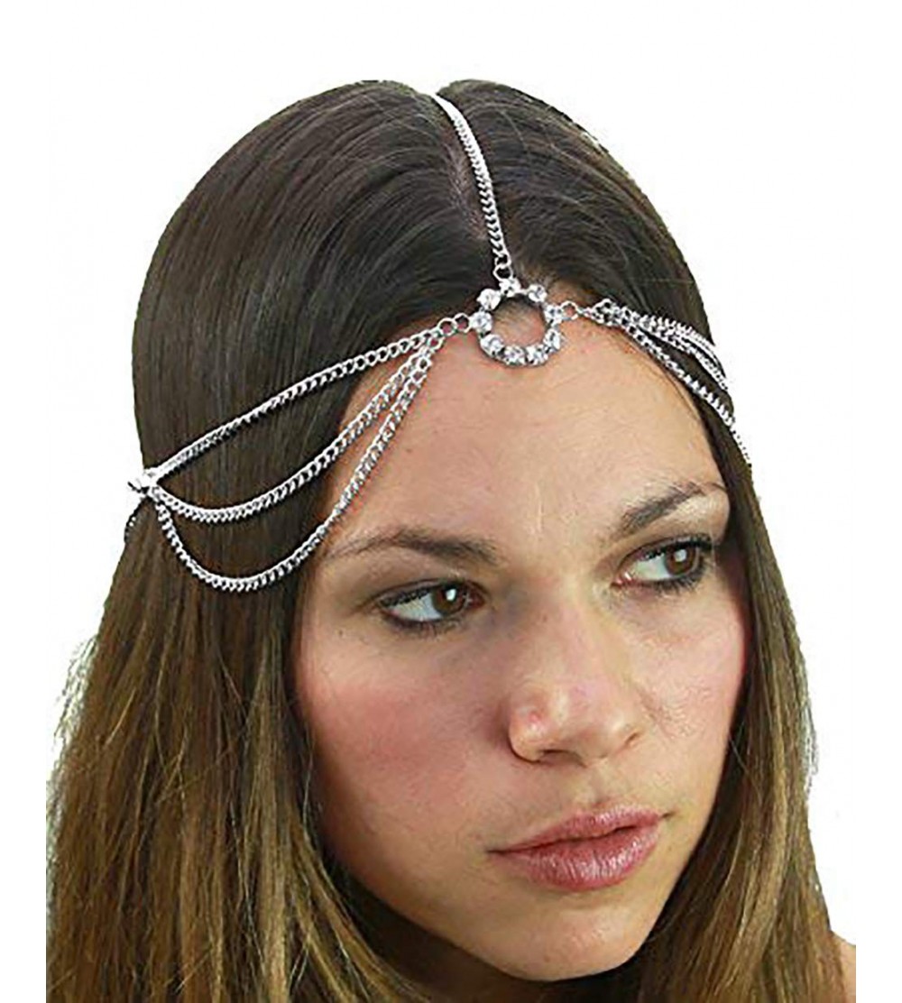 Headbands Women's Bohemian Fashion Head Chain Jewelry - Rhinestone Ring Charm Simple 2 Strand- Silver-Tone - Silver-Tone - CY...