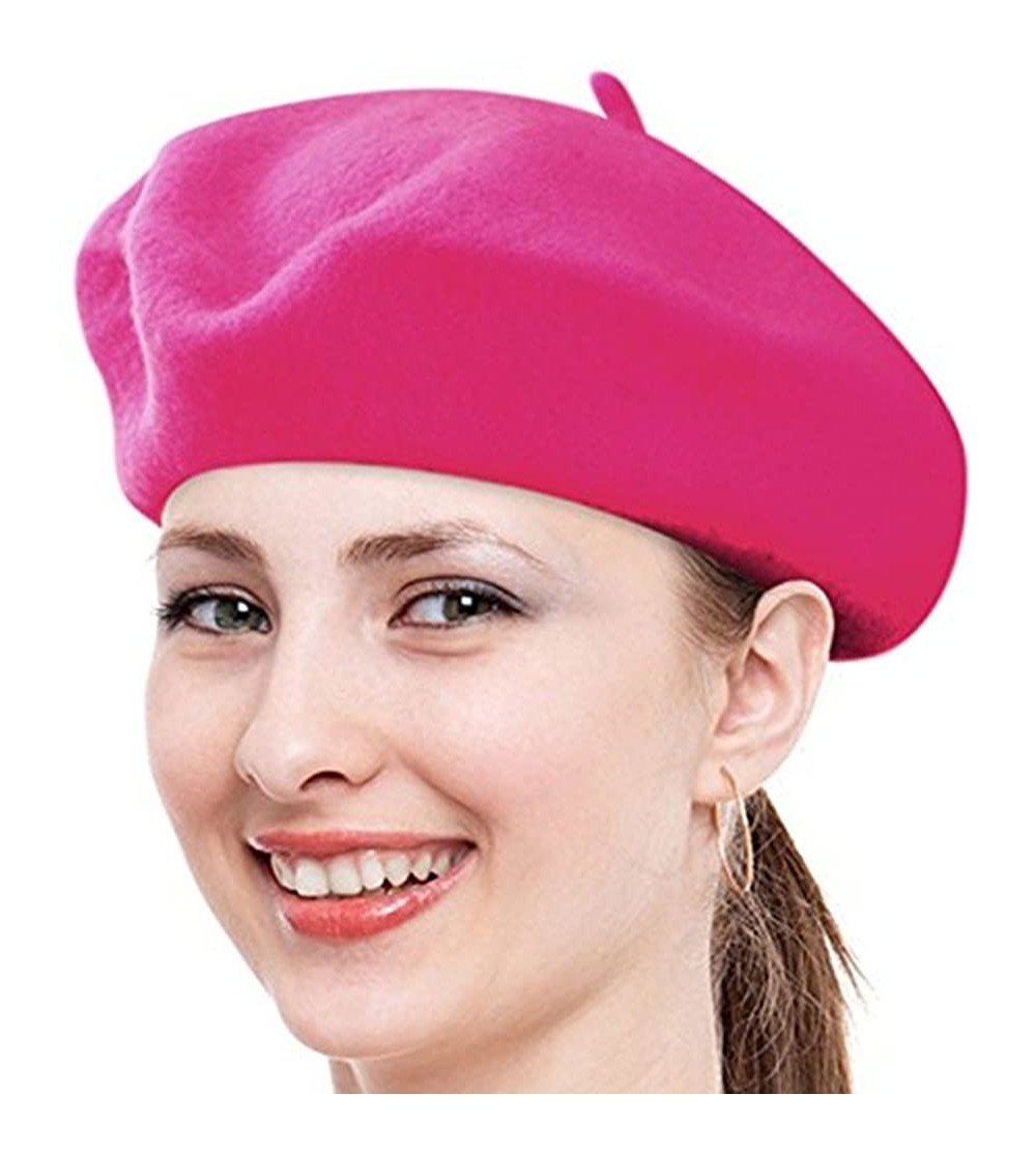 Berets Classic Lady Women Warm Wool Blend French Artist Beret Beanie Winter Hat Ski Cap - Hot Pink - CO18MDM2COK $9.22