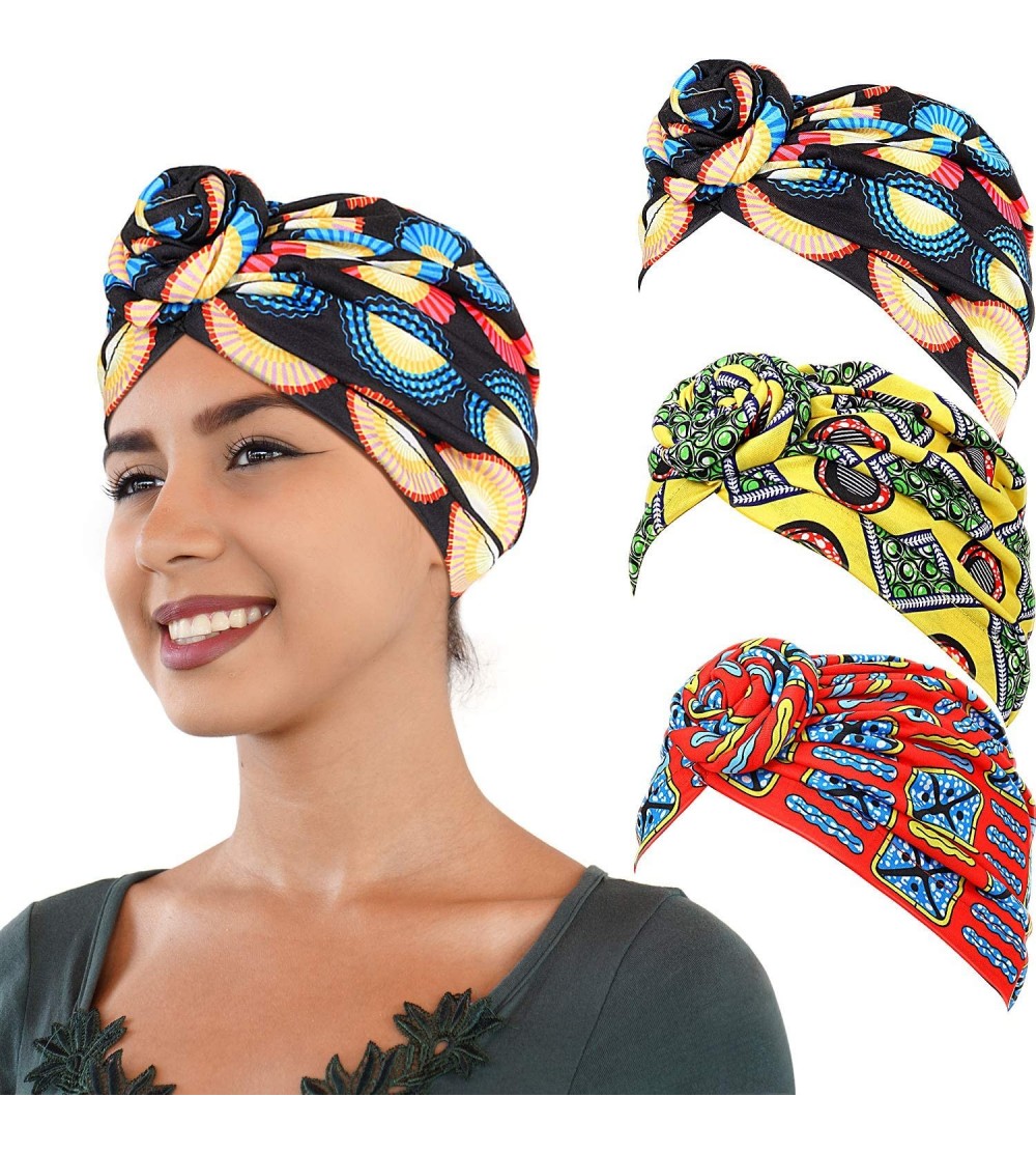 Skullies & Beanies 3 Pieces African Turban Head Wrap Scarf Boho Turban Elastic Knotted Beanie Cap (Red- Black and Yellow) - C...