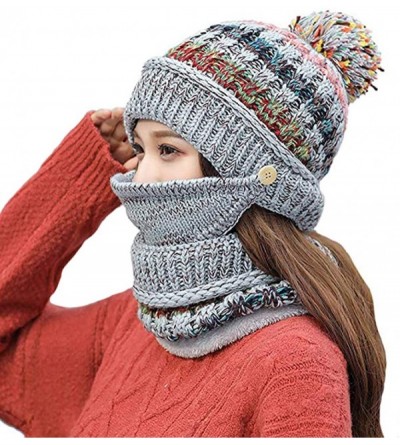 Skullies & Beanies Fleece Lined Pom Pom Beanie Scarf Mask Set Thick Knit Ski Hat for Girls Women - Grey - CU18Z5EYW6N $13.63