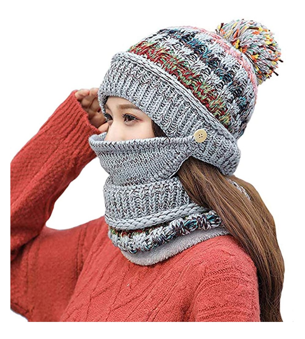 Skullies & Beanies Fleece Lined Pom Pom Beanie Scarf Mask Set Thick Knit Ski Hat for Girls Women - Grey - CU18Z5EYW6N $13.63
