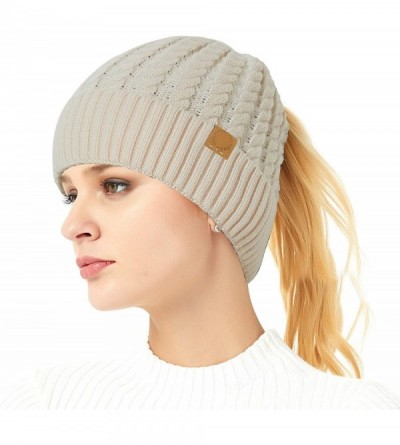 Skullies & Beanies Merino Wool Knitted Bun Beanie - Women Hat Cap with Cute Pony Tail Hole - Pony Tail Hole (Apricot New) - C...