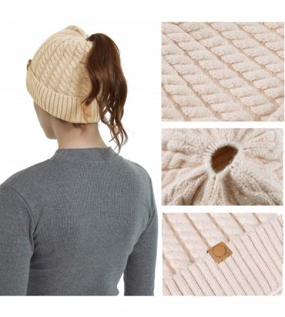 Skullies & Beanies Merino Wool Knitted Bun Beanie - Women Hat Cap with Cute Pony Tail Hole - Pony Tail Hole (Apricot New) - C...